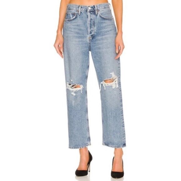 Agolde Denim - AGOLDE 90's Crop Mid Rise Blue Jeans Suspend Distressed Size 24